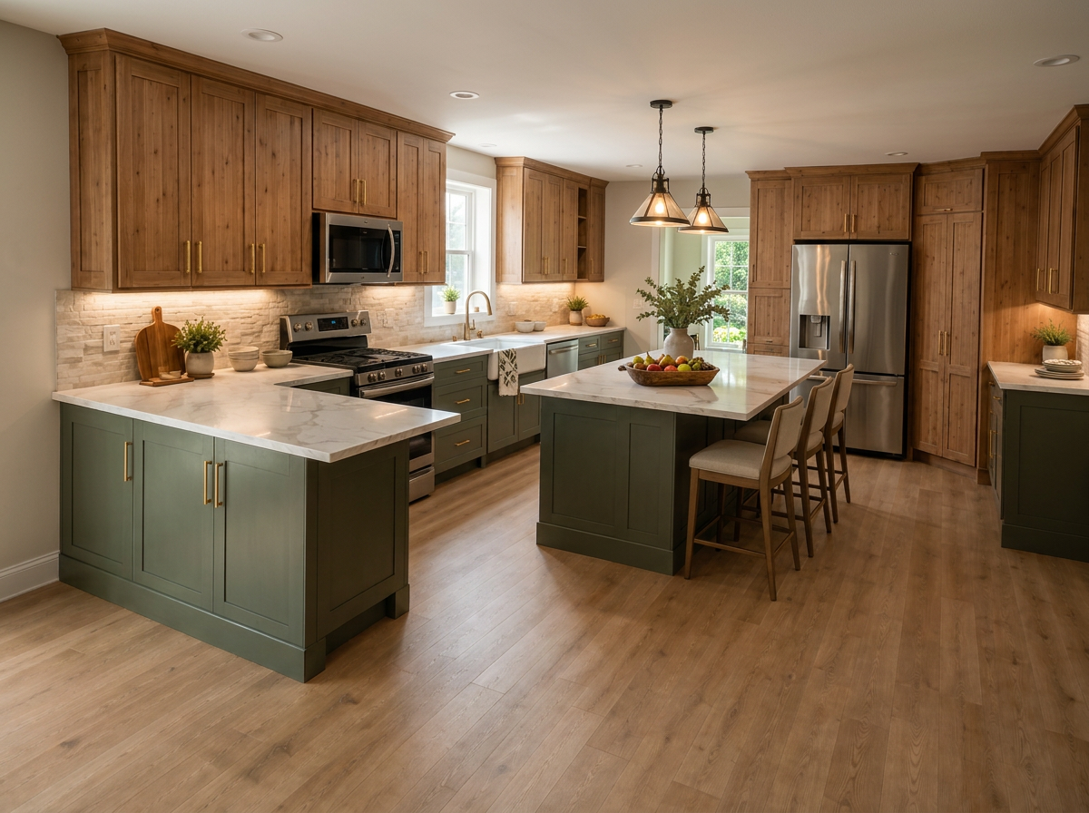 The same olive and wood kitchen shown as a finished space