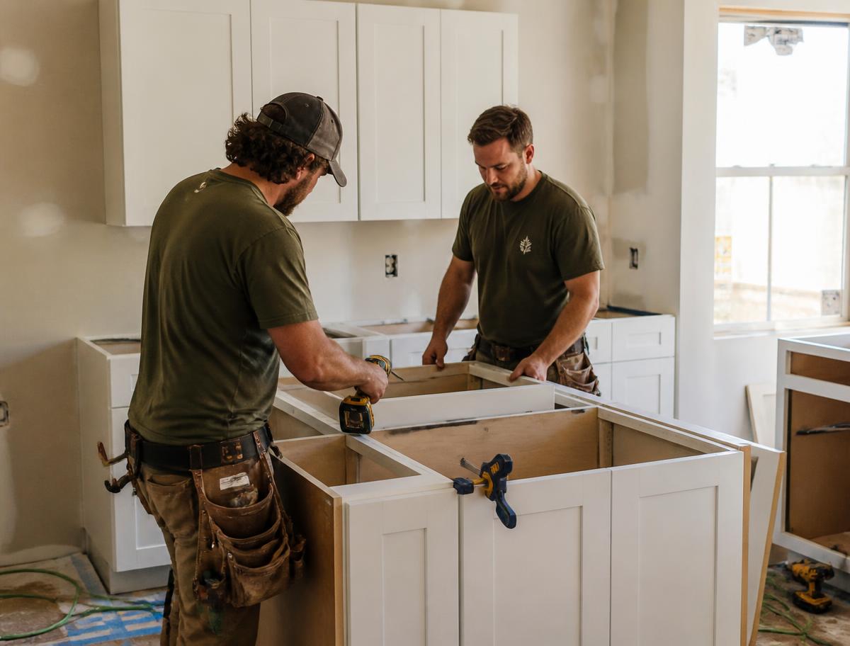 Revived Spaces crew installing kitchen cabinetry in a Kansas City home