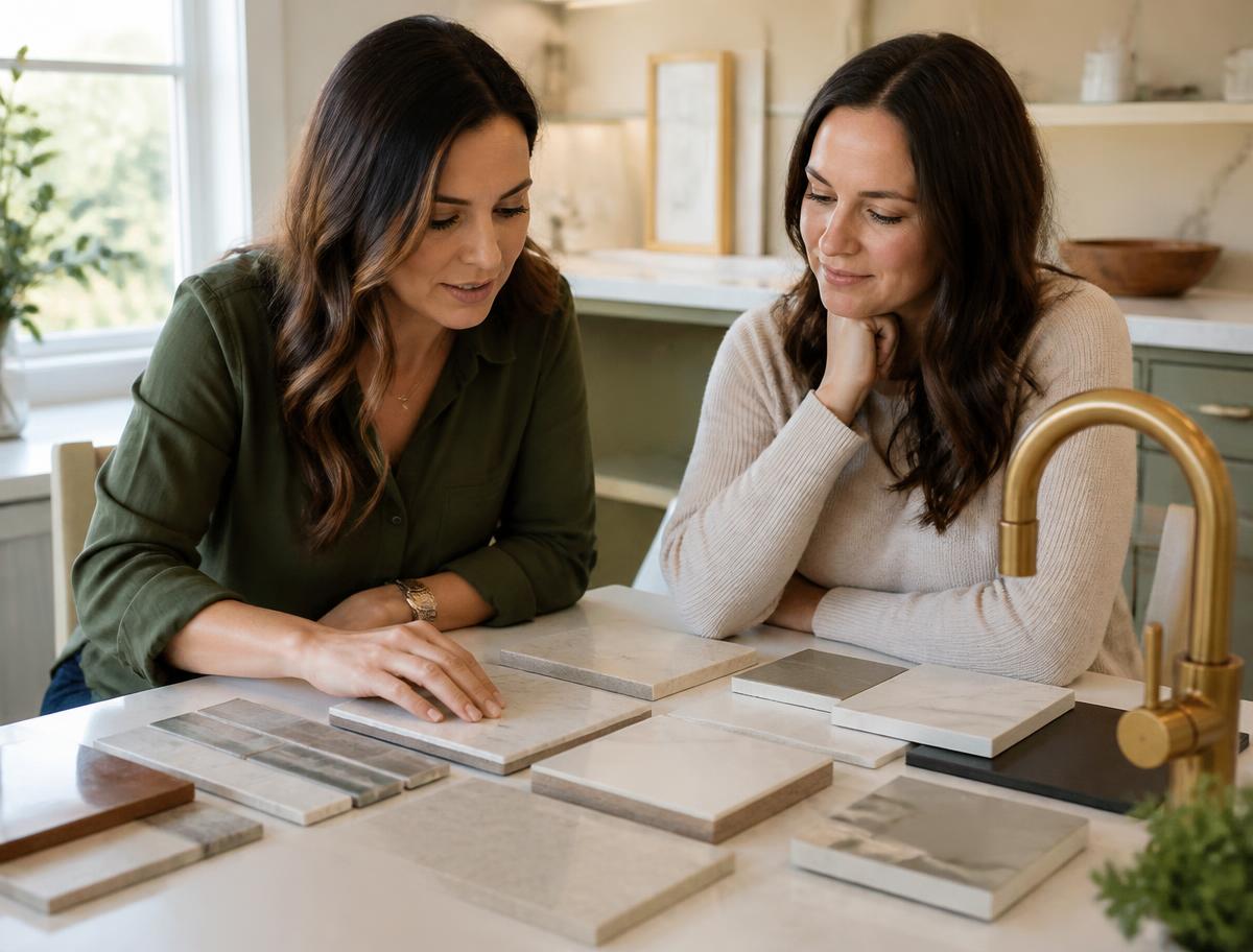 Revived Spaces reviewing tile and cabinet selections with a homeowner at the design table