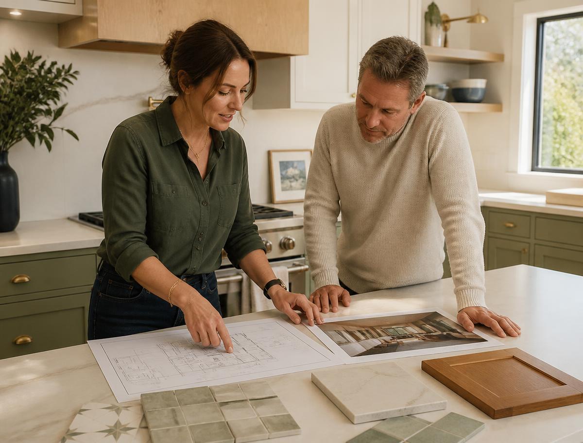 Designer walking a homeowner through floor plans and renderings